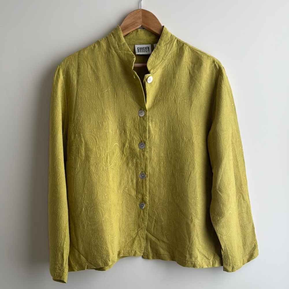 Chico's Green Button Down Shirt with Linen-Like Texture